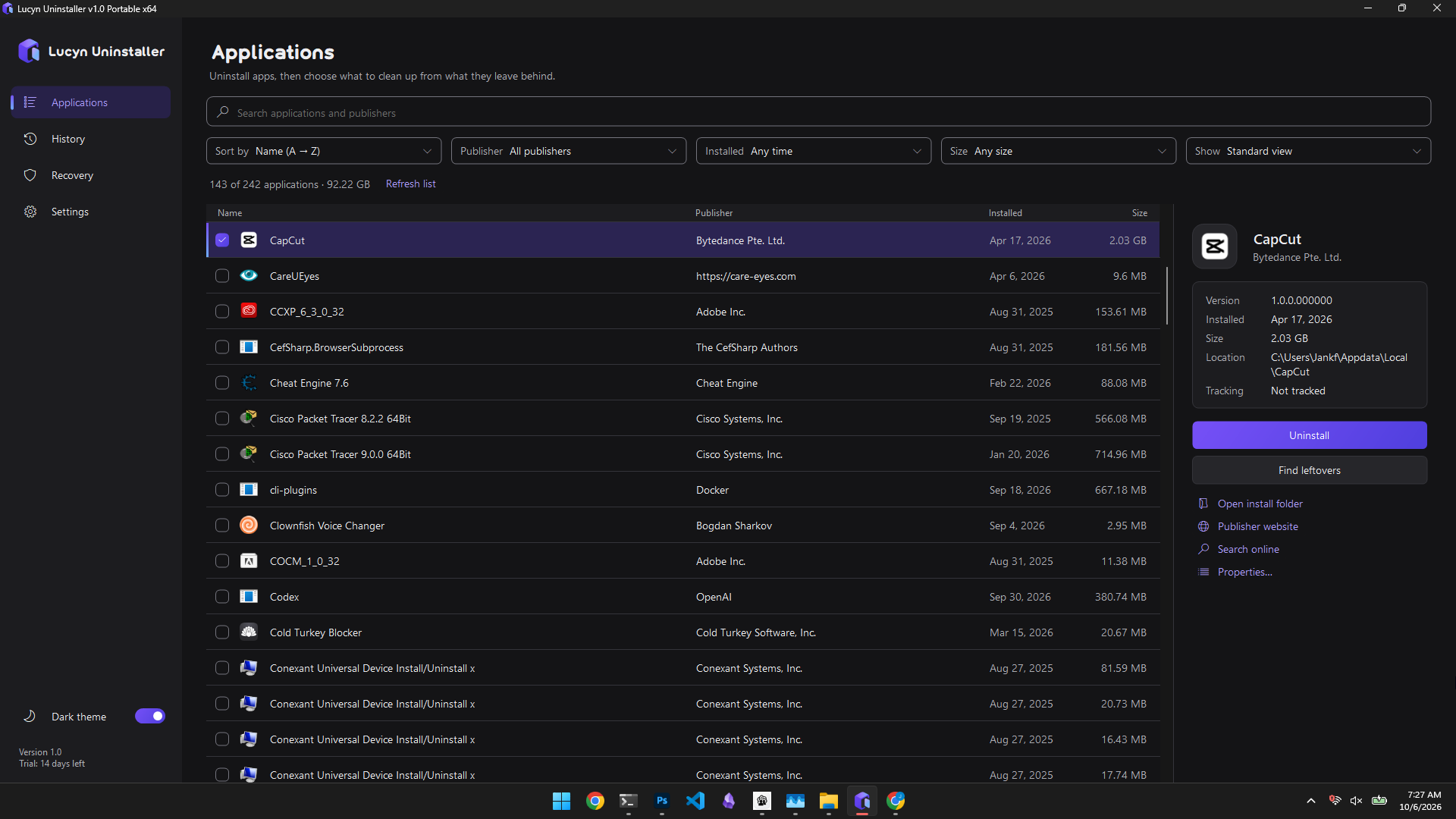 Lucyn Uninstaller's Applications page in dark theme, listing installed apps with details for the selected one