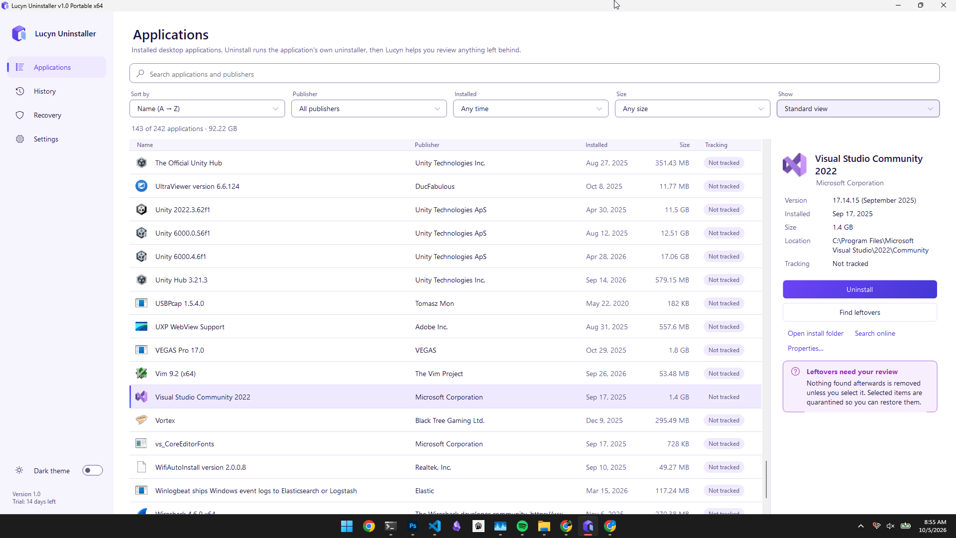 Lucyn Uninstaller's Applications page in light theme, with a note that leftovers need review before anything is removed